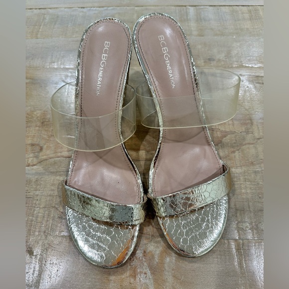 BCBGeneration gold metallic open toe wedge PATTI heels shoes slide sandal - Picture 2 of 16